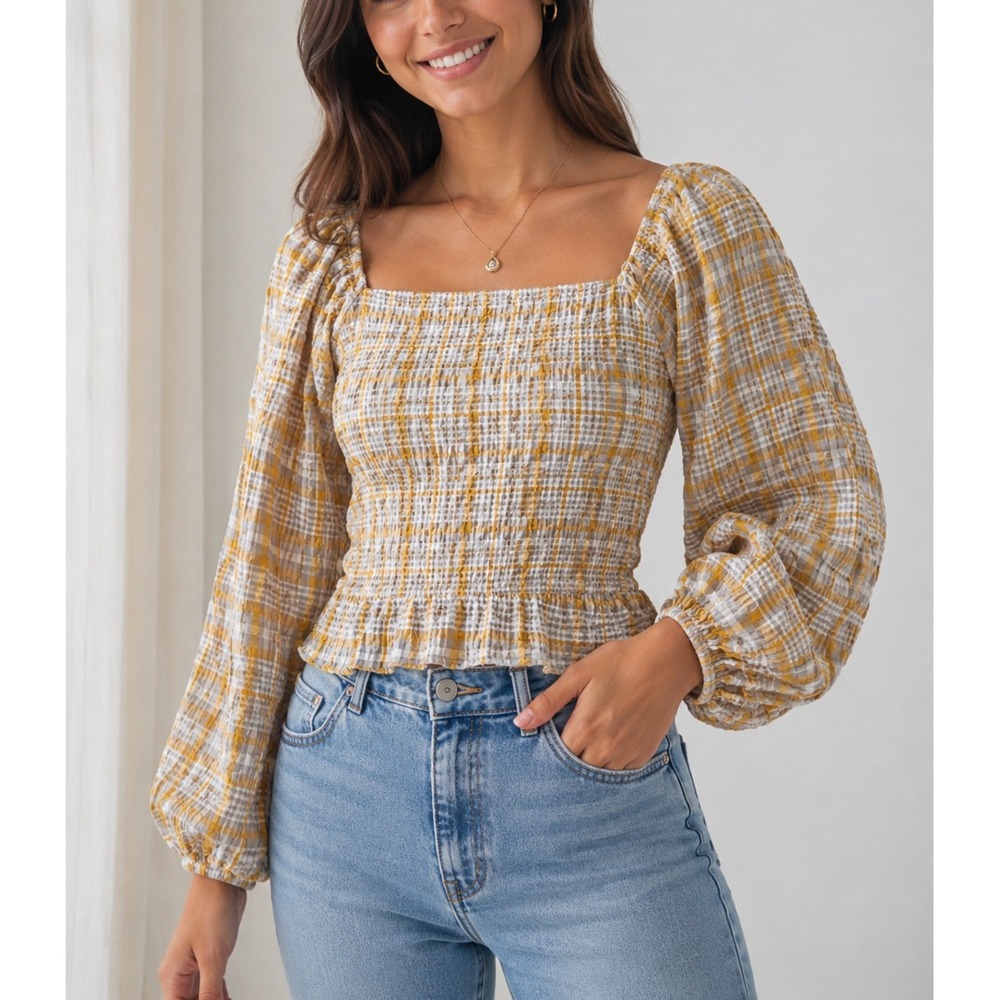 Maeve Anthropologie Gingham Plaid Smocked Puff Sleeve Ruffle Top XS Square Neck - Picture 1 of 13